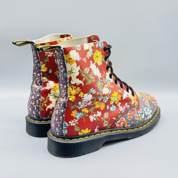 Dr Martens Boots Womens 11 Red Multi Leather Pascal Floral Clash FC 8 Eye Combat - Picture 7 of 10
